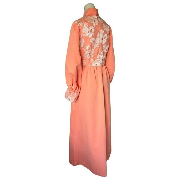 Vintage 60s 70s Peach Orange Maxi Dress Long Puff Sleeve Embroidered Floral Gown - Picture 6 of 6